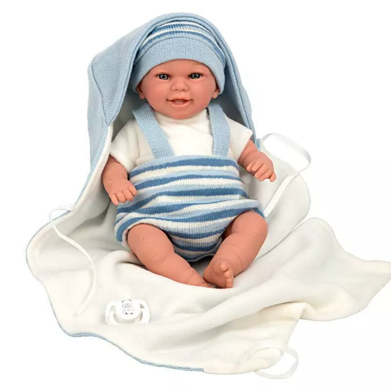 Smiling baby doll in light blue with accessories - 35 cm, realistically weighted
