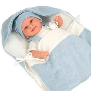 Smiling baby doll in light blue with accessories - 35 cm, realistically weighted