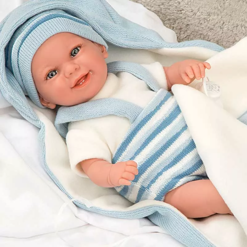 Smiling baby doll in light blue with accessories - 35 cm, realistically weighted