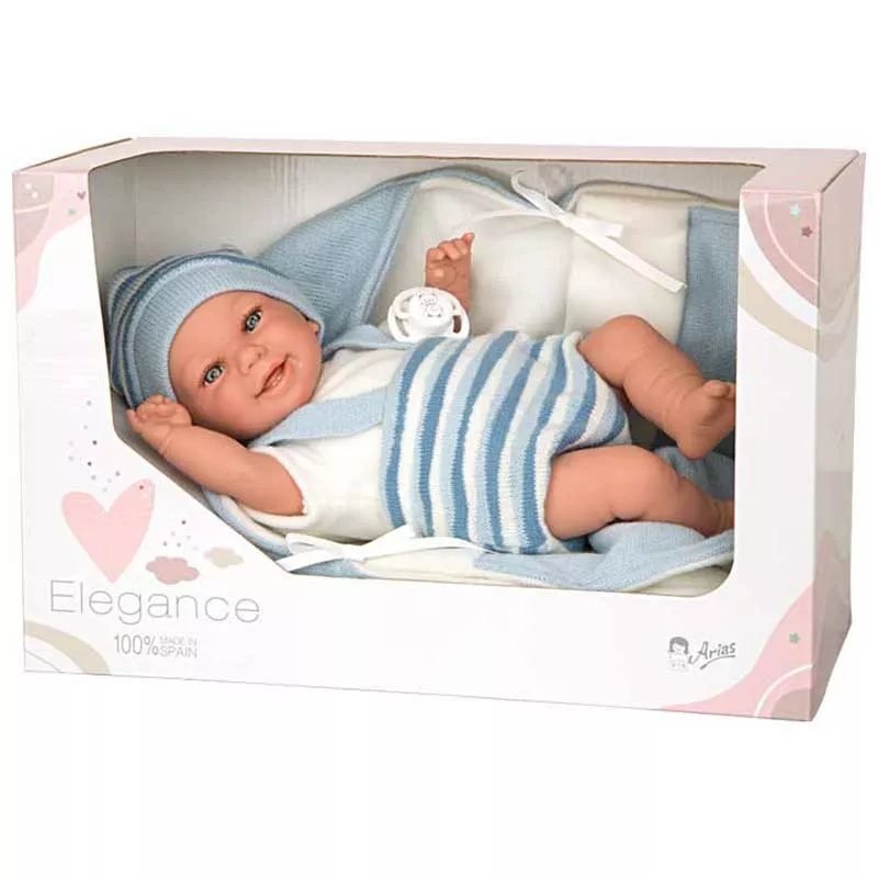 Smiling baby doll in light blue with accessories - 35 cm, realistically weighted