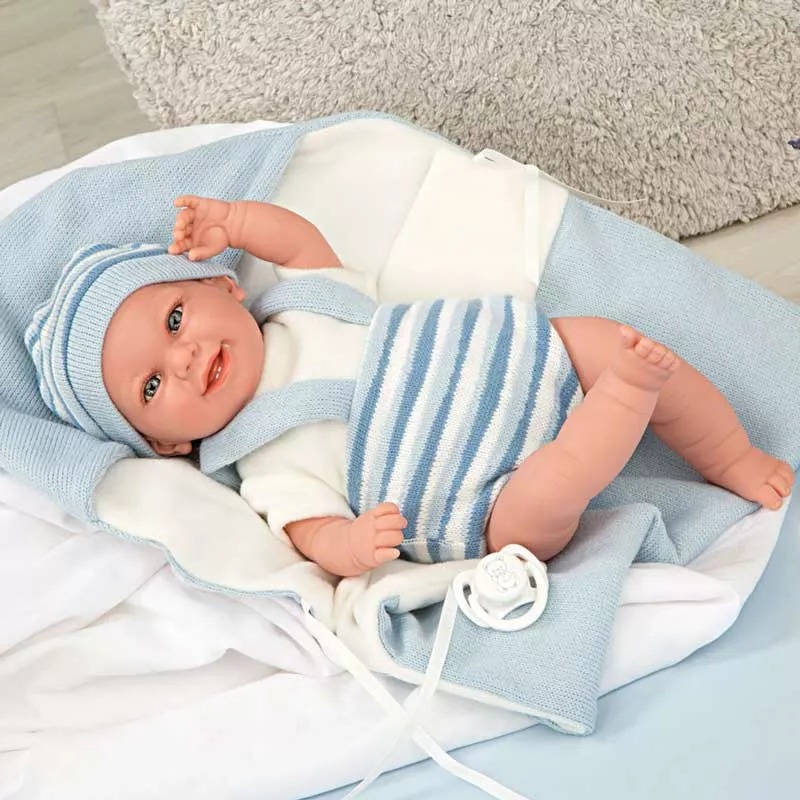 Smiling baby doll in light blue with accessories - 35 cm, realistically weighted
