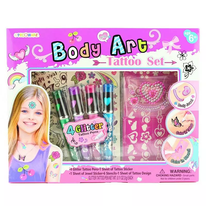 Fun girl's tattoo set with glittery pens, 8 pieces