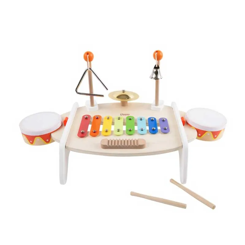 Children's wooden table with musical instruments