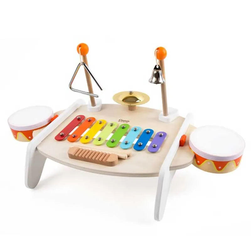 Children's wooden table with musical instruments