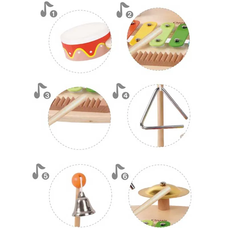 Children's wooden table with musical instruments