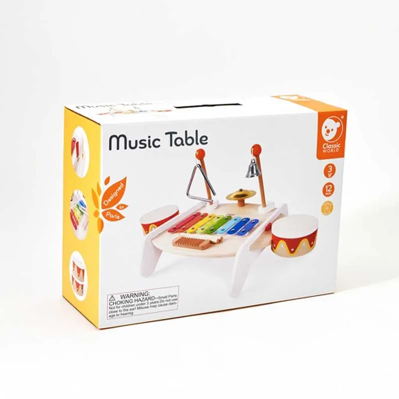 Children's wooden table with musical instruments