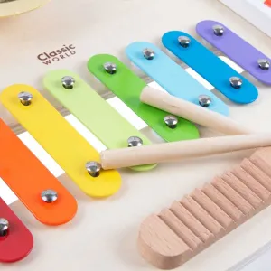 Children's wooden table with musical instruments