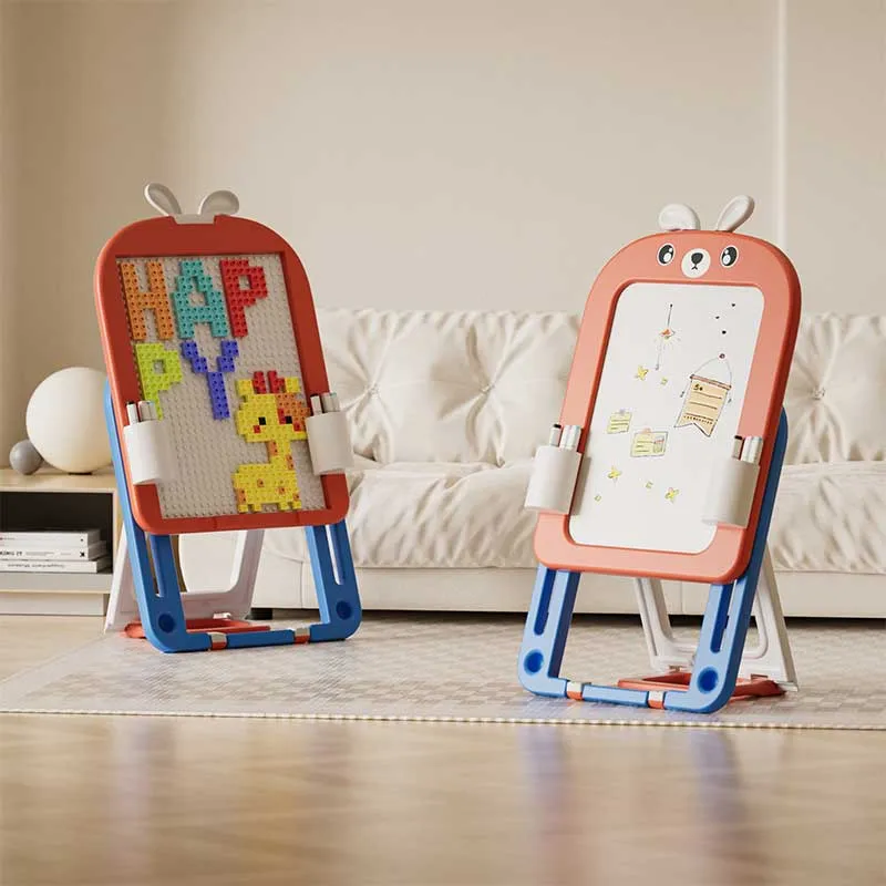 Детска дъска 2 в 1 с конструктор 60 части и стол, Червено зайче