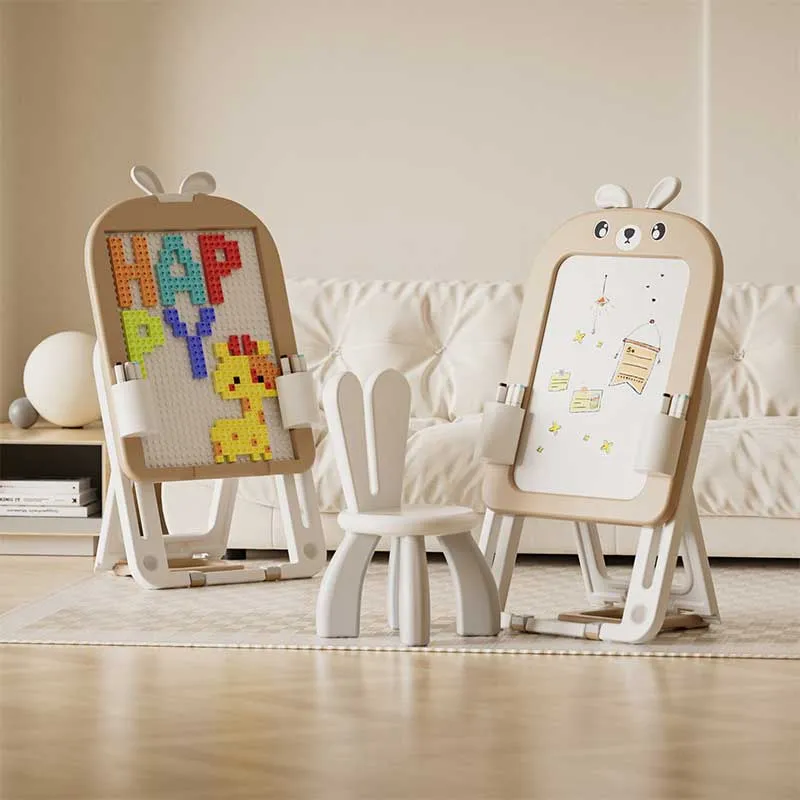 Детска дъска 2 в 1 с конструктор 60 части и стол, Кафяво зайче