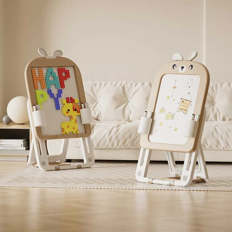 Детска дъска 2 в 1 с конструктор 60 части и стол, Кафяво зайче