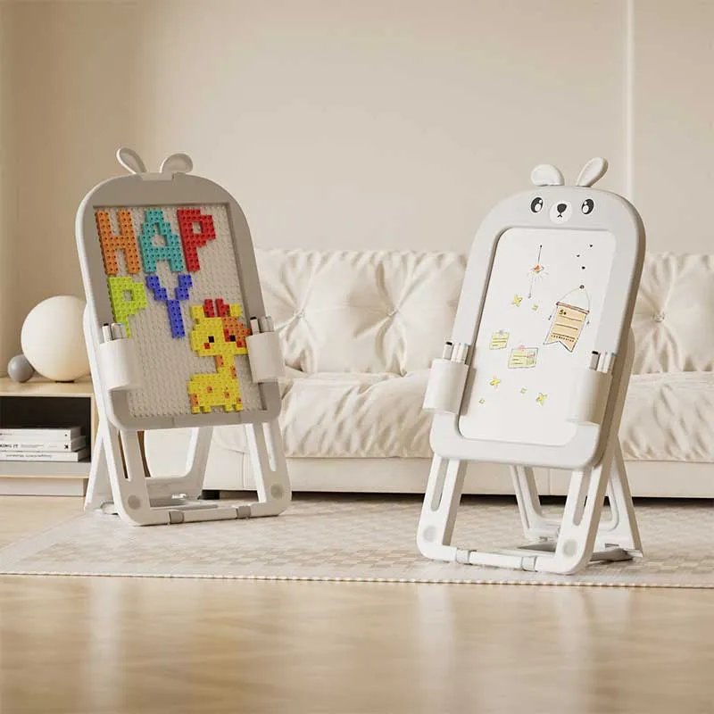 Детска дъска 2 в 1 с конструктор 60 части и стол, Сиво зайче