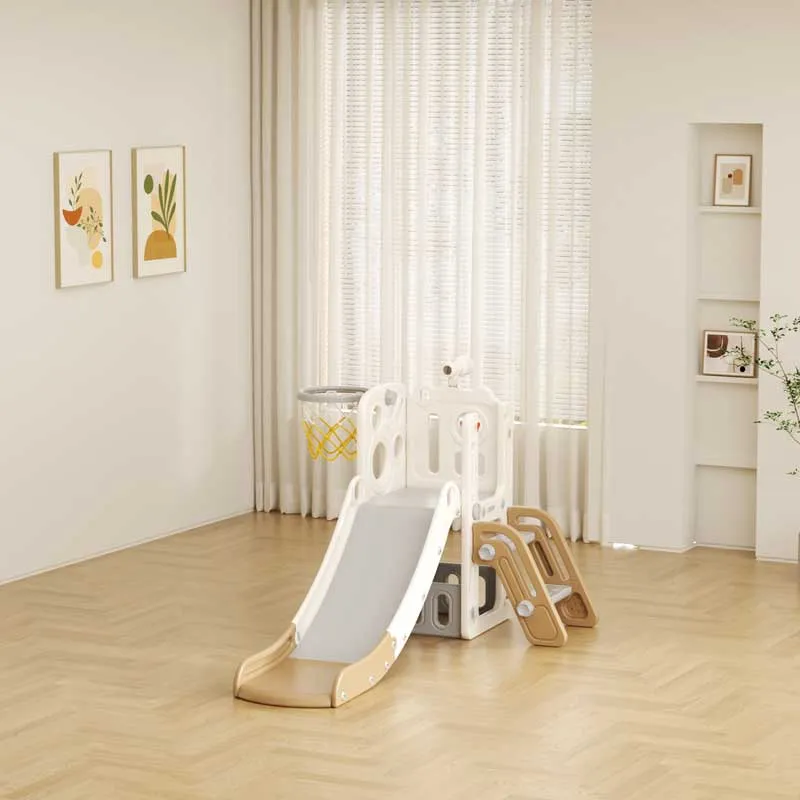 Children's slide with telescope and basketball hoop - brown