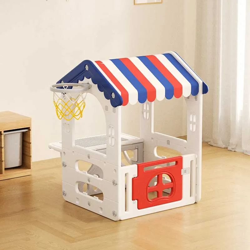 Children's plastic house with a basketball hoop and a play table in marine colors