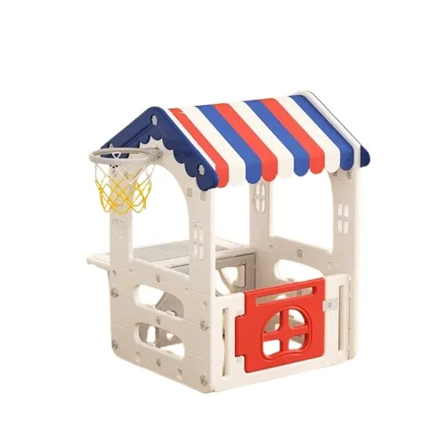 Children's plastic house with a basketball hoop and a play table in marine colors