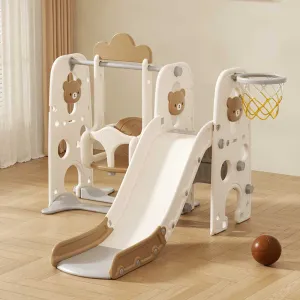 Детска пластмасова пързалка с люлка и баскетболен кош, Кафяво мече