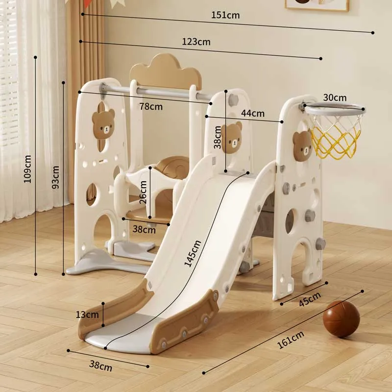 Children's plastic slide with a swing and a basketball hoop, Brown bear