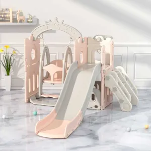 Детски комплект за игра 2 в 1 Замък, пързалка и люлка в розов цвят