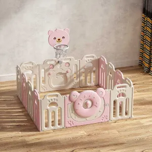 Сгъваема бебешка ограда за игра с баскетболен кош, Розово мече