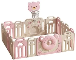 Сгъваема бебешка ограда за игра с баскетболен кош, Розово мече