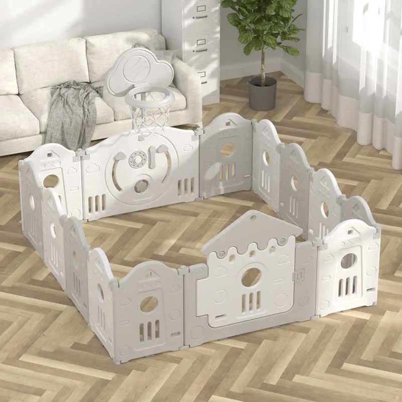 Foldable baby playpen with a basketball hoop for playing