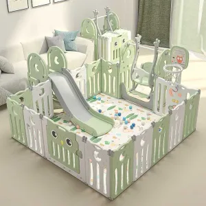 Сгъваема детска ограда с пързалка, люлка и баскетболен кош в цвят мента