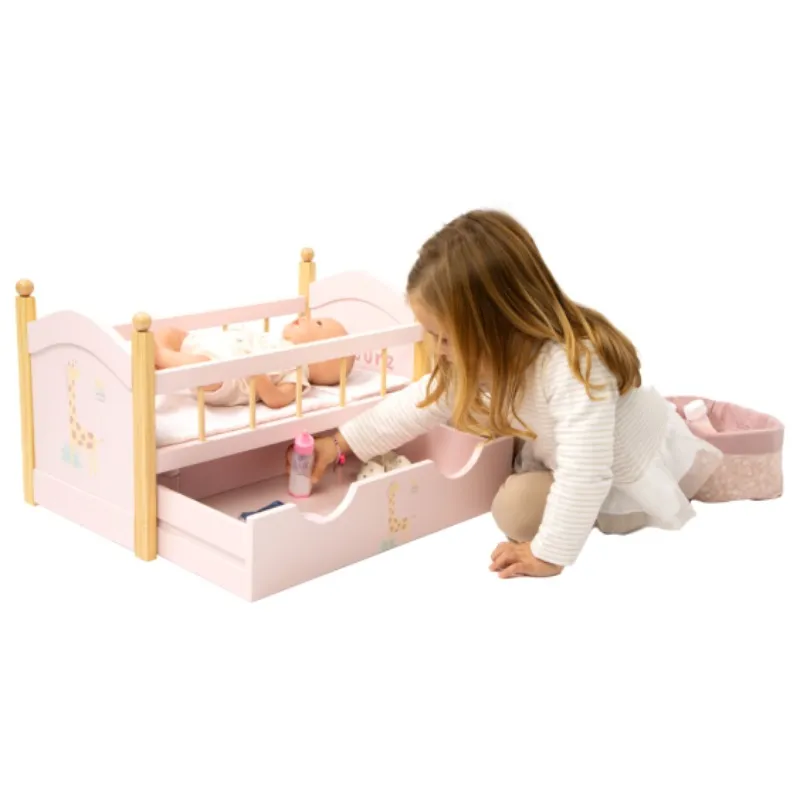 Wooden Nature Doll Bed with Drawers - Pink