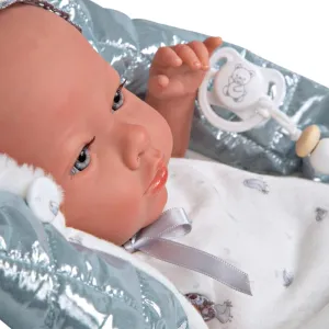 Кукла-бебе Бория с блестящо сиво одеялце и биберон - 38 см