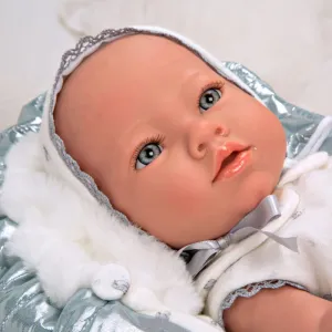 Кукла-бебе Бория с блестящо сиво одеялце и биберон - 38 см
