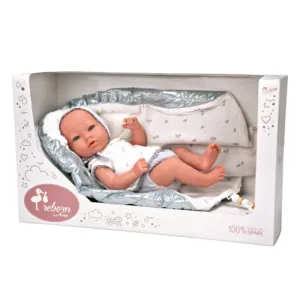 Кукла-бебе Бория с блестящо сиво одеялце и биберон - 38 см