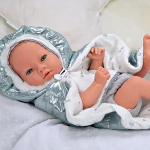 Doll baby Boria with a shiny gray blanket and pacifier - 38 cm