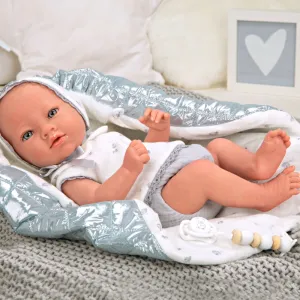 Doll baby Boria with a shiny gray blanket and pacifier - 38 cm