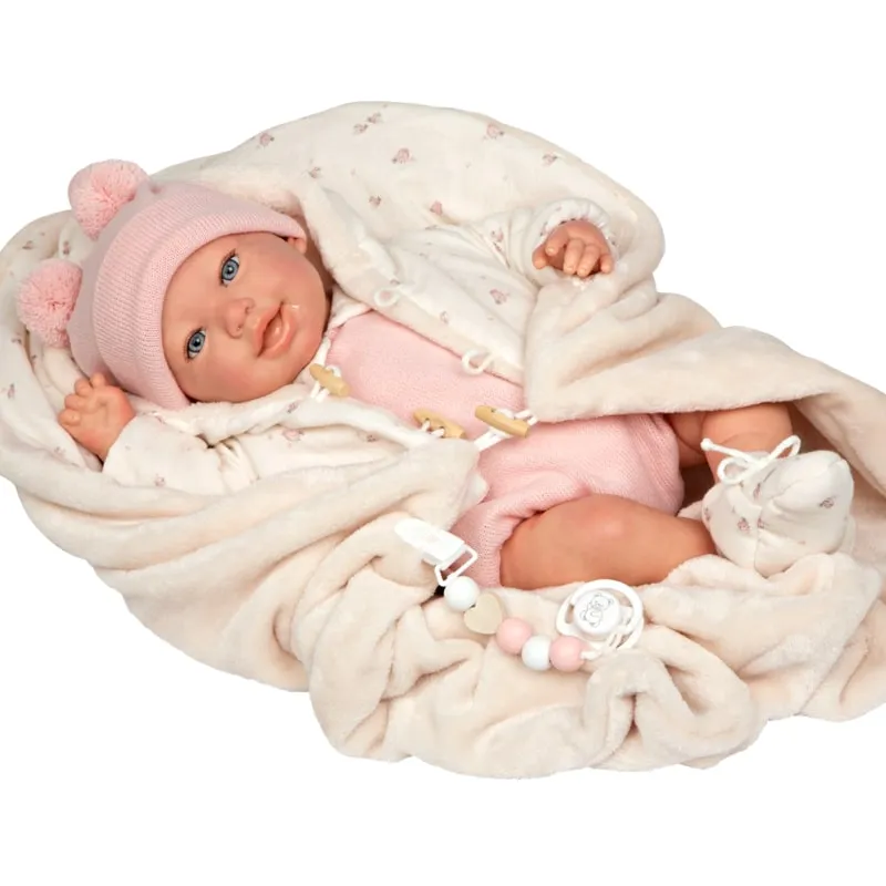 Кукла-бебе Елба в розово вълнено боди с аксесоари - 45 см