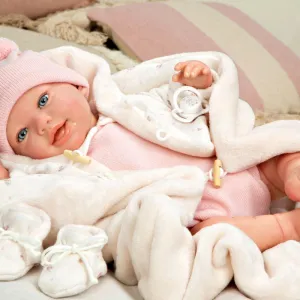 Baby doll Elba in pink woolen bodysuit with accessories - 45 cm