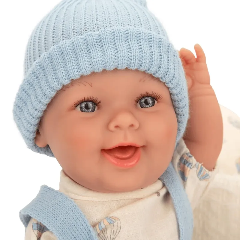 Кукла-бебе Гауди със син гащеризон и бял кош - 33см
