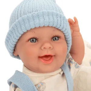 Кукла-бебе Гауди със син гащеризон и бял кош - 33см