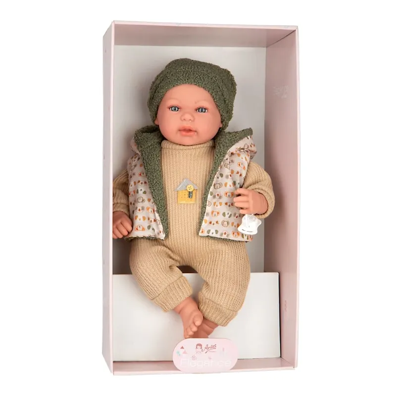 Кукла-бебе Миес с бежово-зелено костюмче, която плаче - 45 см