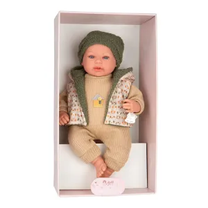 Кукла-бебе Миес с бежово-зелено костюмче, която плаче - 45 см