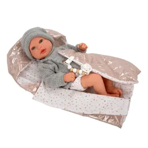 Кукла-бебе Оливия със сива вълнена жилетка и спален чувал - 45 см