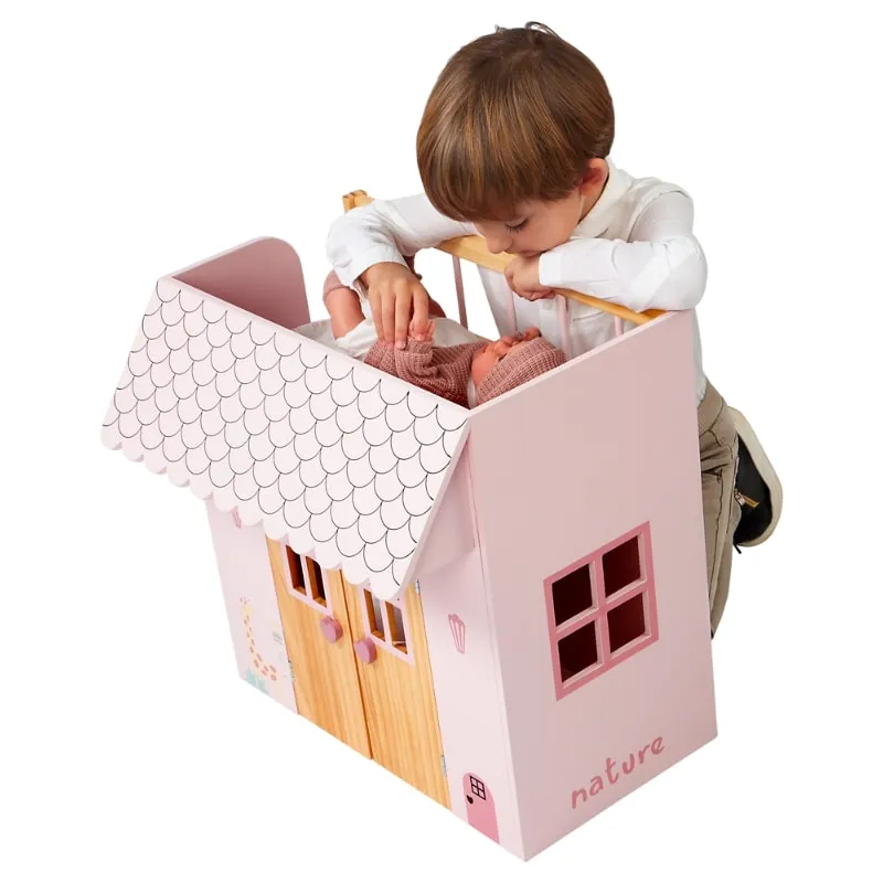 Розова дървена къща Arias Nature за кукли с легло