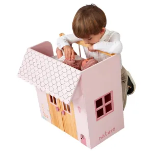 Розова дървена къща Arias Nature за кукли с легло