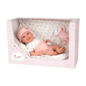 Smiling baby doll Colleen in pink with a blanket and a plush toy, actual weight - 40 cm