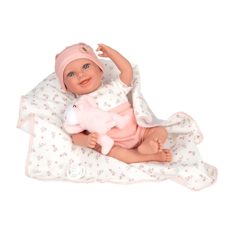 Smiling baby doll Colleen in pink with a blanket and a plush toy, actual weight - 40 cm