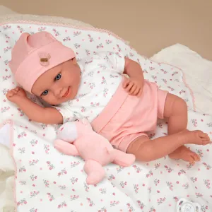 Smiling baby doll Colleen in pink with a blanket and a plush toy, actual weight - 40 cm