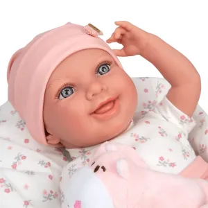 Smiling baby doll Colleen in pink with a blanket and a plush toy, actual weight - 40 cm