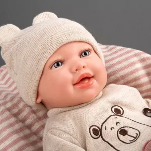 Усмихната кукла-бебе Лейн с розов спален чувал и биберон - 45 см