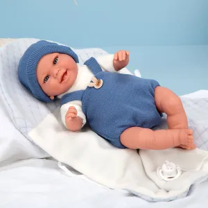 Smiling baby doll with a blue outfit and blanket, actual weight - 35 cm