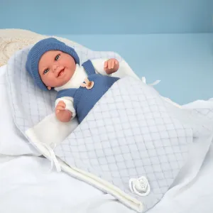 Smiling baby doll with a blue outfit and blanket, actual weight - 35 cm