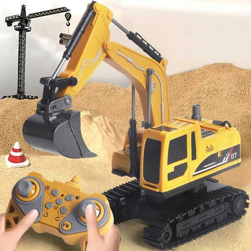 Children's construction excavator with attachments, lights, sounds, smoke effects, and 360° rotation, remote controlled.