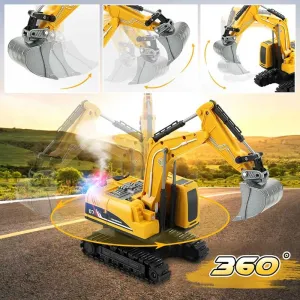 Children's construction excavator with attachments, lights, sounds, smoke effects, and 360° rotation, remote controlled.