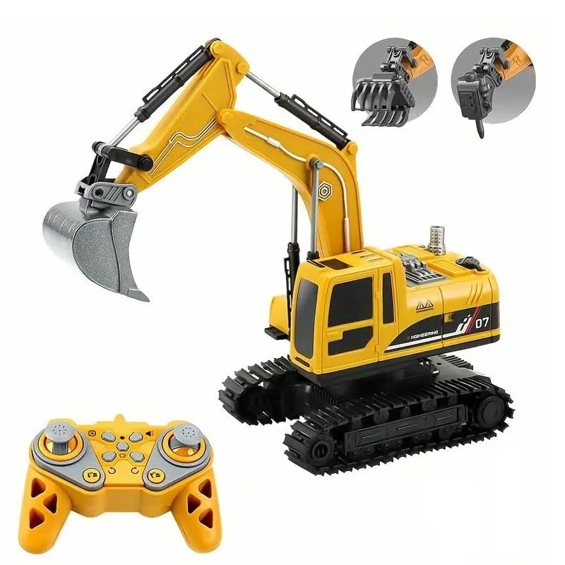 Children's construction excavator with attachments, lights, sounds, smoke effects, and 360° rotation, remote controlled.